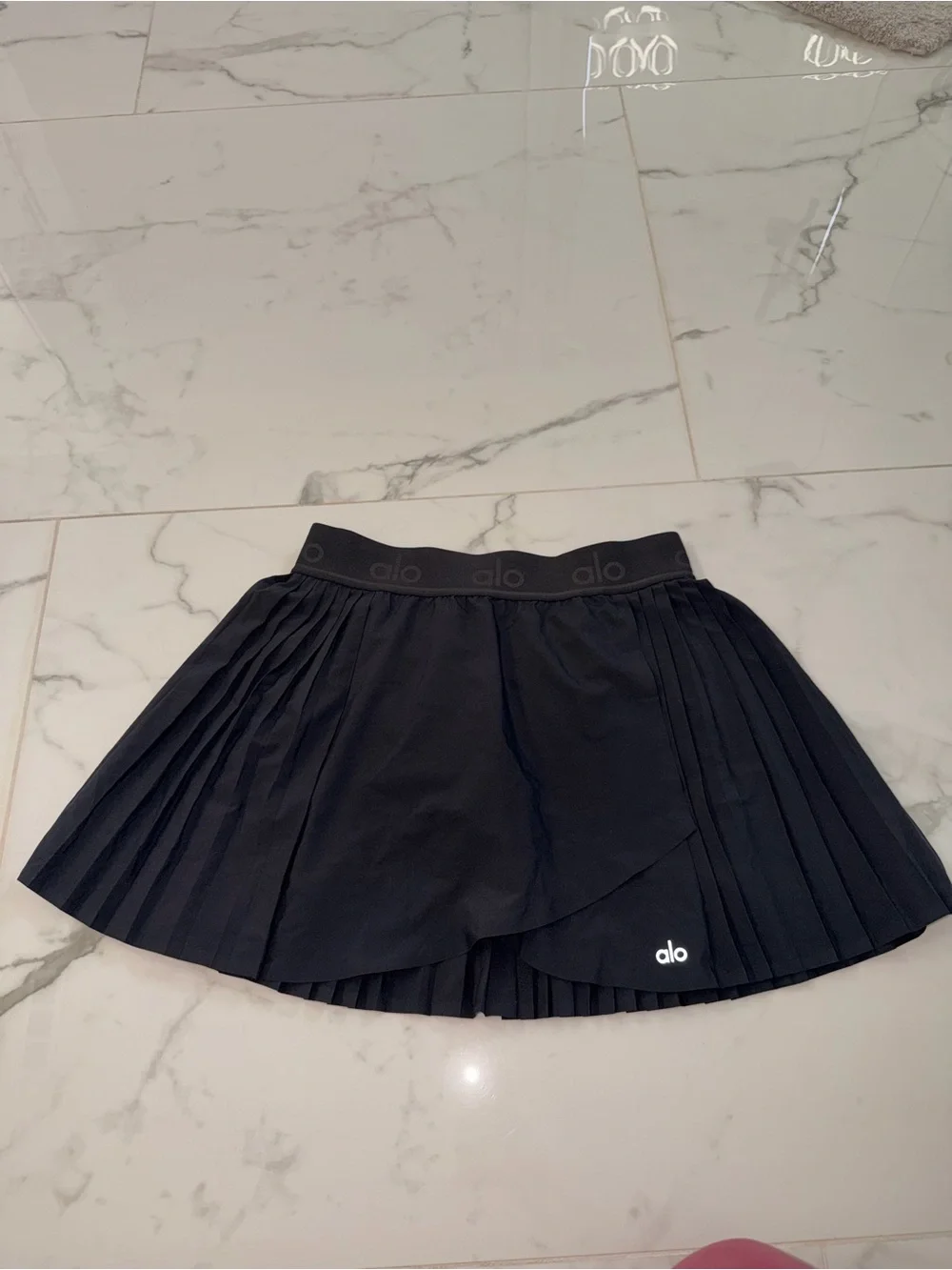 ALO Yoga Black Pleated Skater Skirt with Elastic Logo Waistband